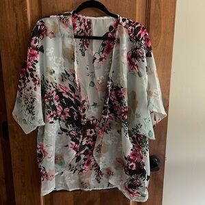 Floral Sheer Kimono Cover-Up in Mint and Pink